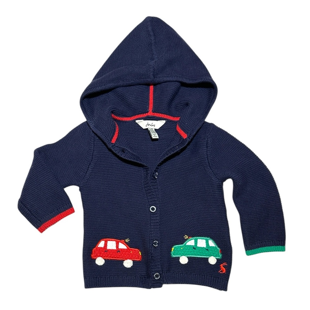 EEUC Joules Navy Cardigan with Red & Green Car embroidery 6/9mo